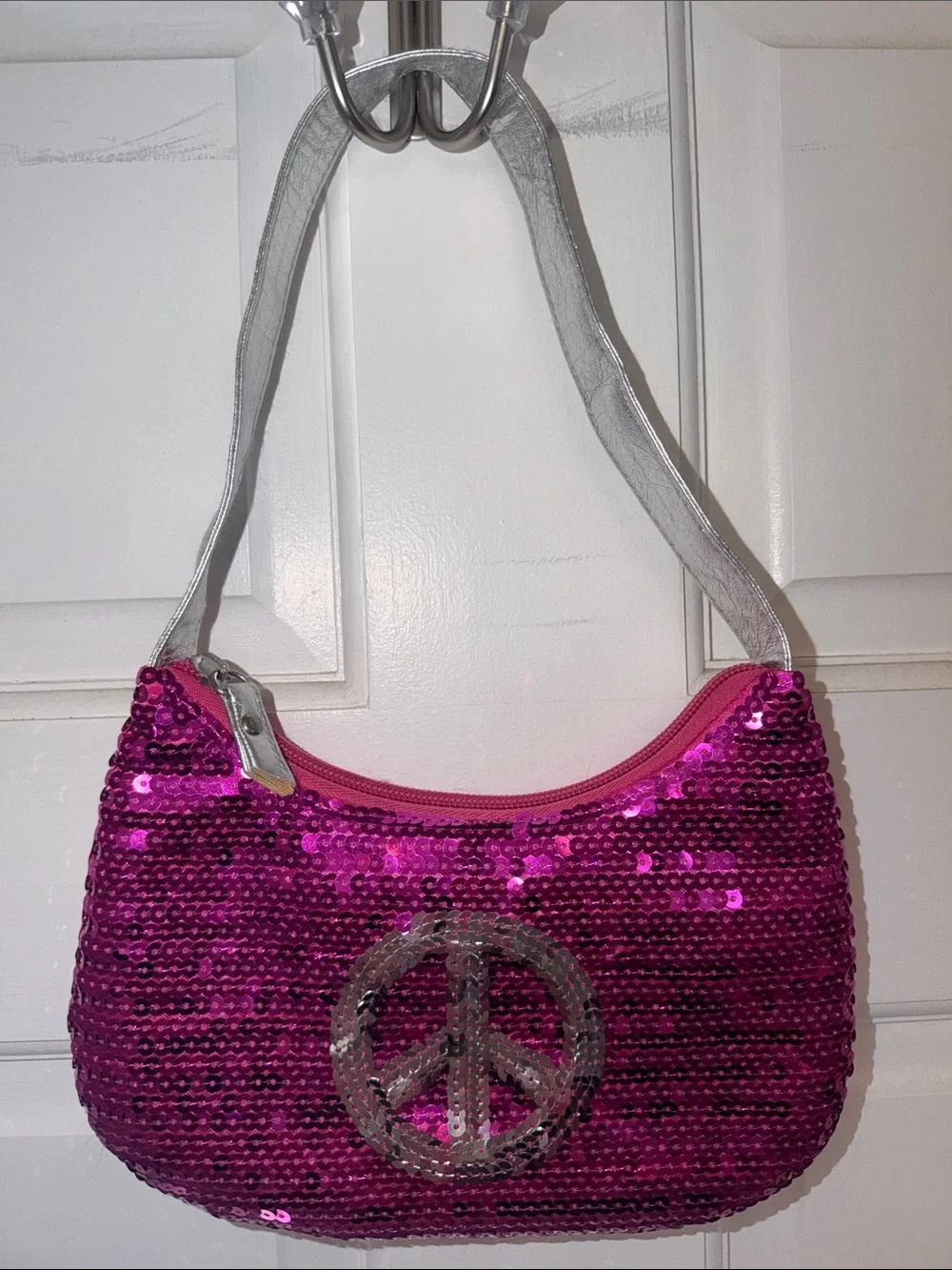 Girls Sequin Pink Peace Sign Shoulder Bag with Silver Strap